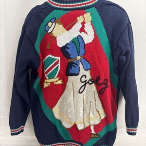 VTG Liz Sport Golf Cardigan Ugly Sweater Contest‎ Winner Ramie Cotton Size M